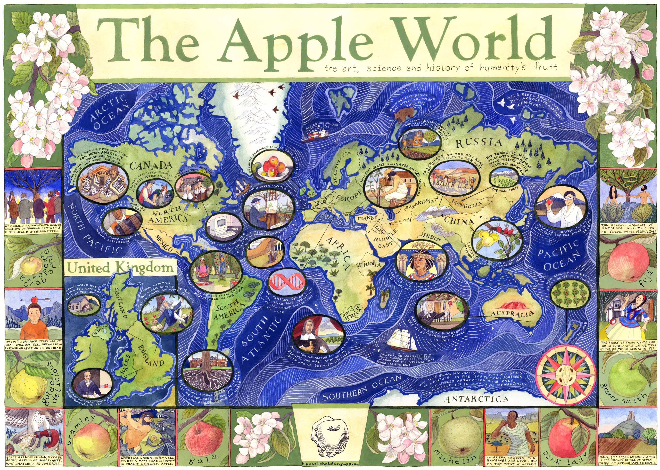The Apple World Map by Helen Cann commissioned by and licensed to the Cider Museum, Brightspace Foundation and National Trust Copyright © Helen Cann 2020