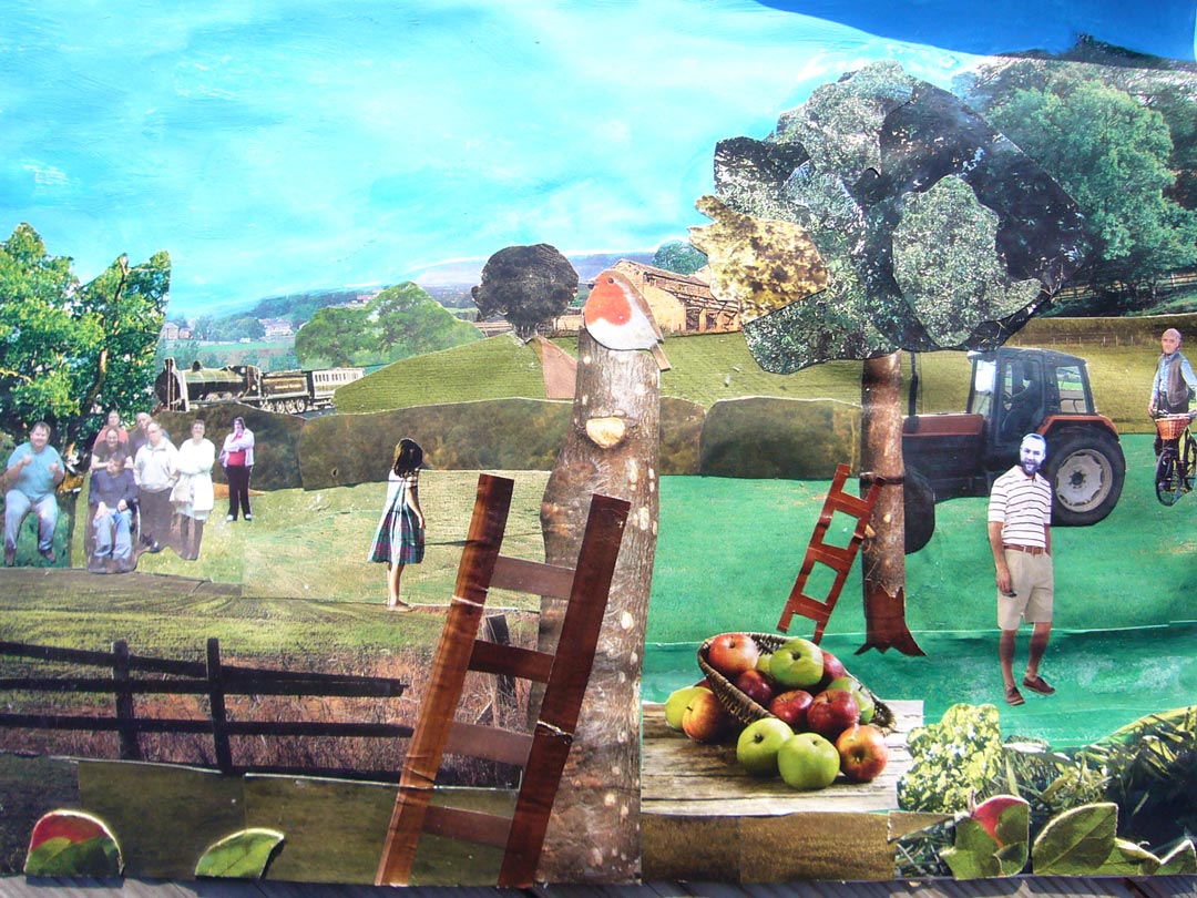 ECHO’s Orchard: A collage made by a group from ECHO of themselves in an orchard. ECHO is a registered charity providing opportunities for adults with learning disabilities in Herefordshire. Frontispiece for Natural England Commissioned Report 090 2012