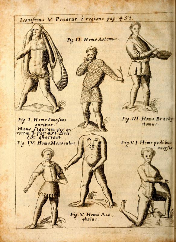 P.Gasparis Schott – Physica curiosa, sive mirabilia naturæ et artis. 1662.Plate showing the Astomi and other wondrous people