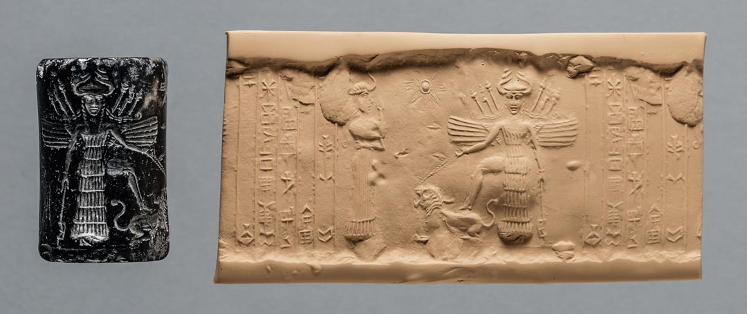 Inanna (later called Ishtar) on a seal cylinder, Akkadian Empire. Courtesy of the Oriental Institute of the University of Chicago©