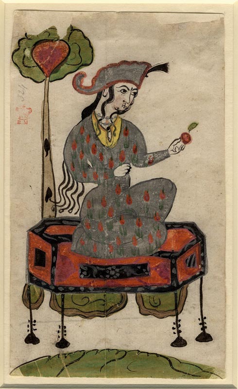 A woman sitting on a hexagonal throne offering an apple. Persian (c1683) © The Trustees of the British Museum.