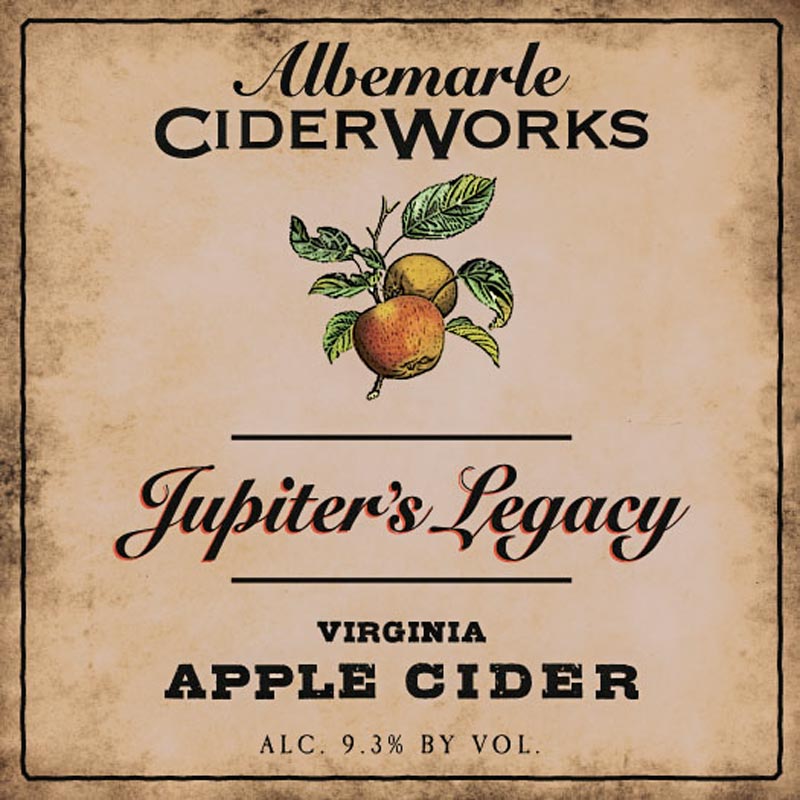 Label of Jupiter’s Legacy Virginia Apple Cider “a nuanced depth of body and flavor that reveals itself slowly, over the course of a glass”. Courtesy of Albemarle CiderWorks. North Garden, Virginia, USA