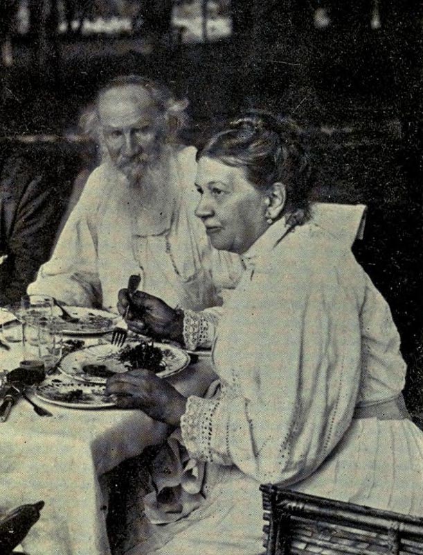 Sophia Tolstaya and Leo Tolstoy detail from Tolstoy family circle at Yasnaya Polyana c1905 from The Life of Tolstoy by Paul Biriukov 1911